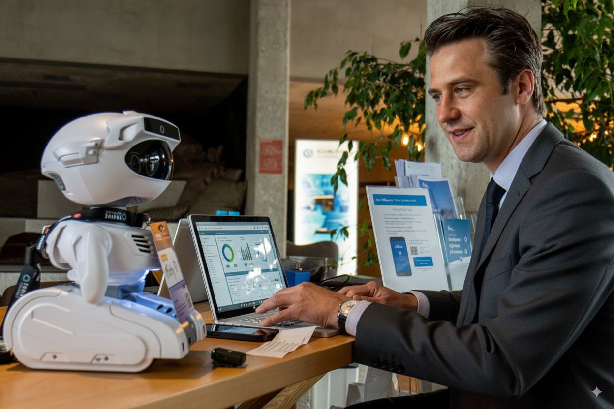 Marcel Haas working beside a social robot and a laptop displaying operational data.